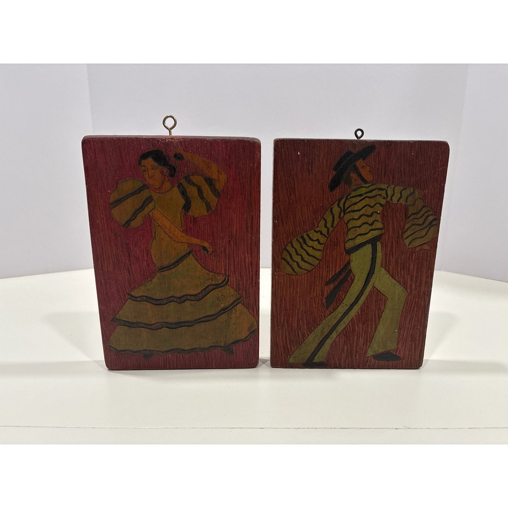 Vintage Odello Fae West Hand Painted Wood Wall Art Set Spanish Dancers Folk Art